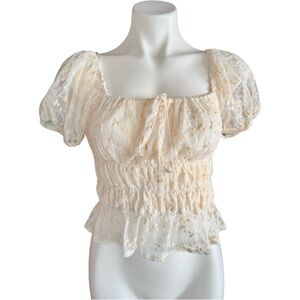 Japna Cream Gathered Bodice Puff Sleeve Blouse Sz M